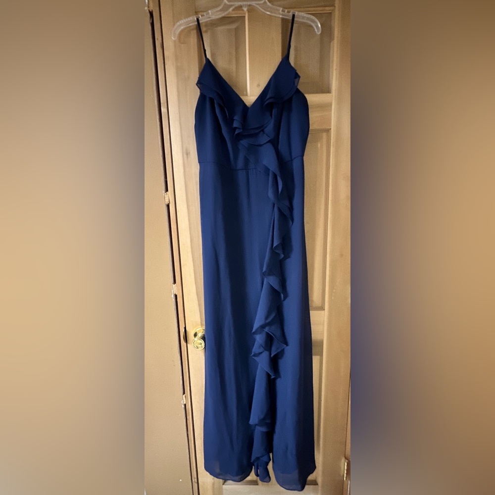 David’s Bridal Navy Ruffle Spaghetti-Strap Chiffon Bridesmaid Dress with Slit